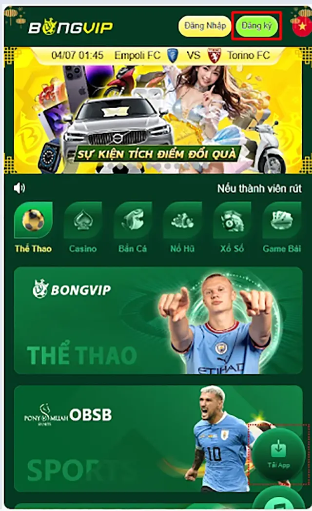 Chọn đăng ký ở giao diện chính của BONGVIP