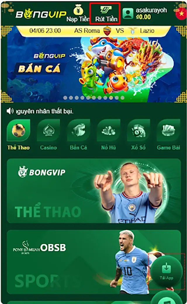 Chọn mục rút tiền BONGVIP tại giao diện chính của nhà cái