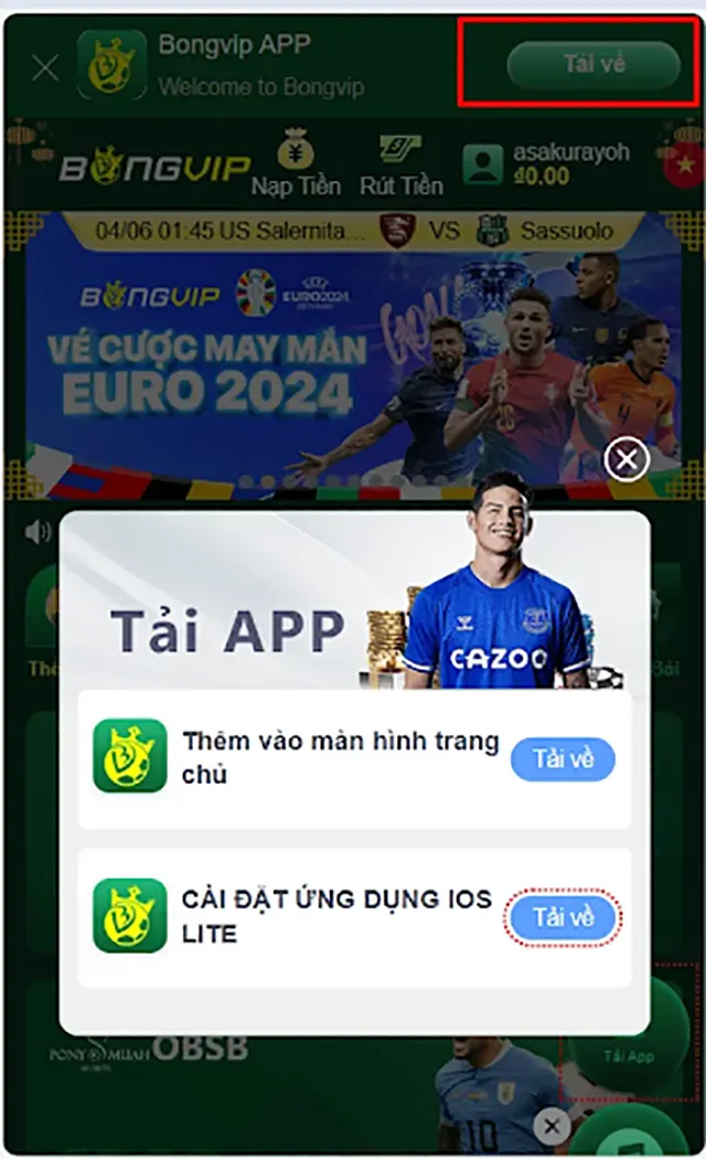 Chọn tải App BONGVIP ở giao diện chính
