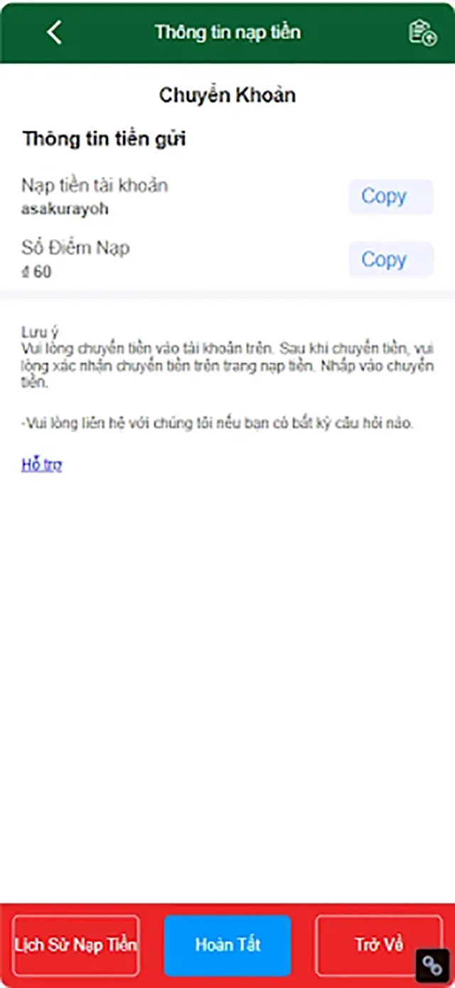 Hoàn tất giao dịch nạp tiền BONGVIP