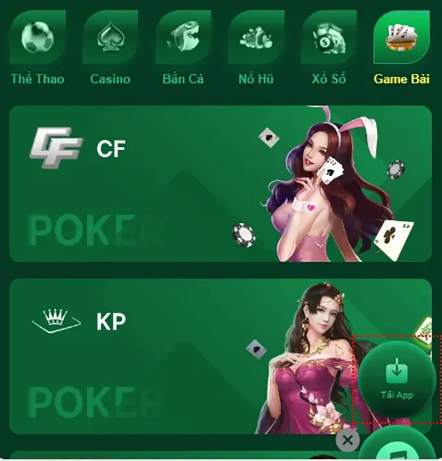 Sảnh Game bài CF và KP đa dạng cho cược thủ