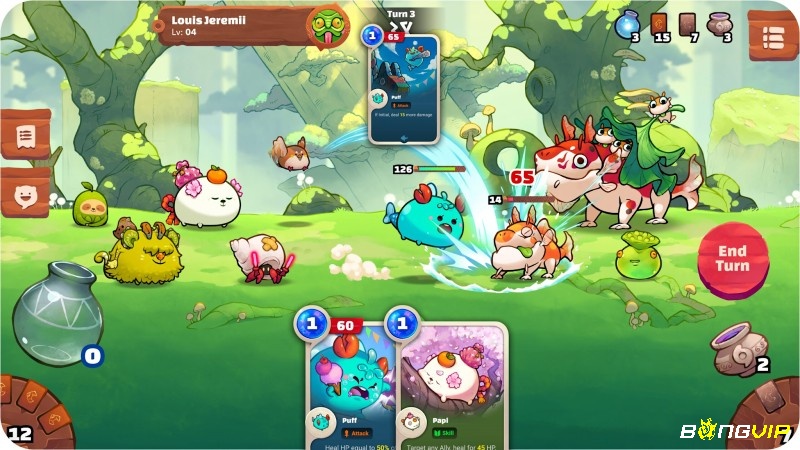 Giao diện chiến đấu của Axie Infinity với đội hình Axie và phần thưởng SLP