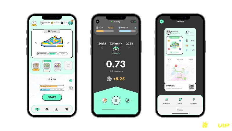 Ứng dụng STEPN hiển thị số bước và token GMT người chơi nhận được