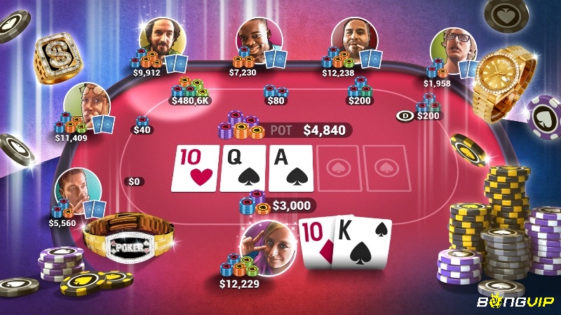 Poker World cho phép người chơi trải nghiệm Texas Holdem offline với nhiều cấp độ khó.