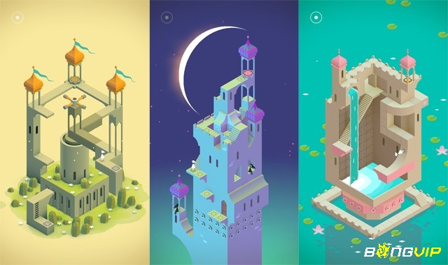 Cảnh quan kiến trúc xoắn ảo với nhân vật mẹ con di chuyển trong game offline cho android Monument Valley 2