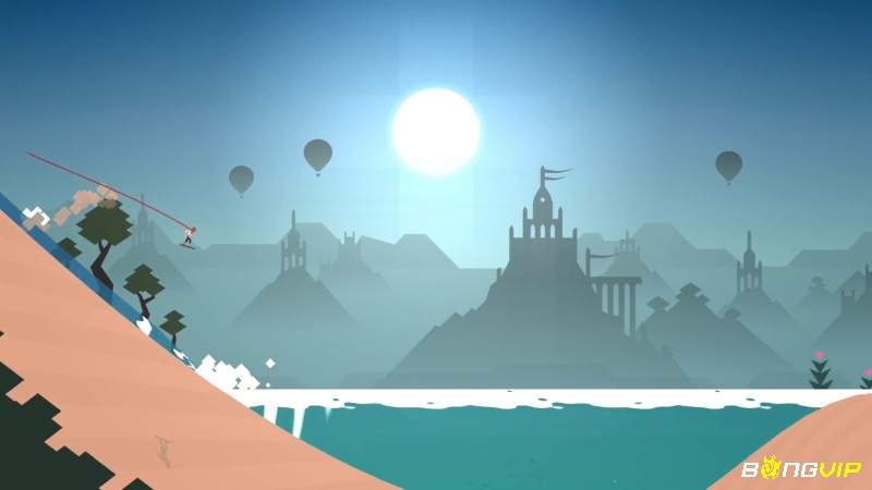 Nhân vật trượt ván trên cồn cát dưới ánh hoàng hôn trong game offline cho android Alto's Odyssey