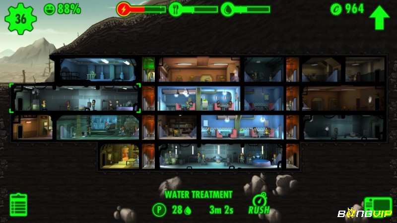Game mobile xây dựng Fallout Shelter điều hành hầm trú ẩn dưới lòng đất với cư dân, tài nguyên và nhiệm vụ khám phá.