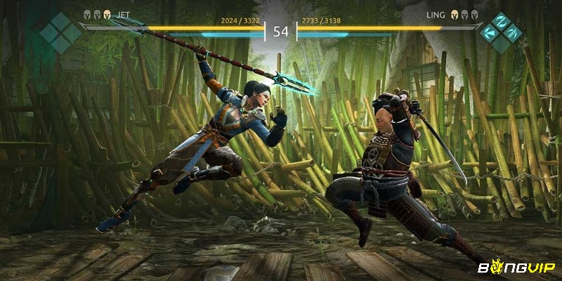 Trận 1v1 trong Shadow Fight với nhân vật đang tung chiêu combo.