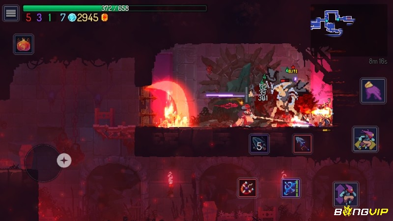 Dead Cells di chuyển qua bản đồ pixel có tone tối và phong cách metroidvania.