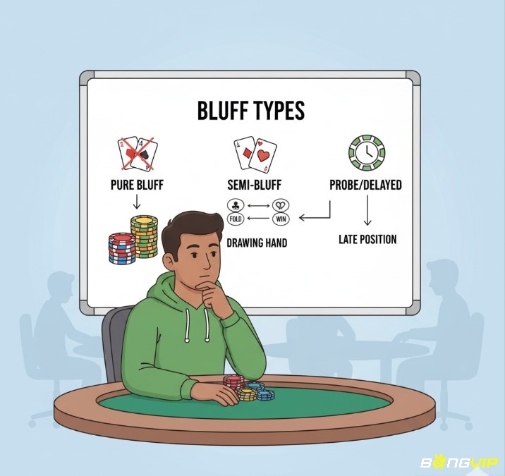 Người chơi poker nghiên cứu các loại bluff khác nhau để áp dụng linh hoạt trong từng tình huống