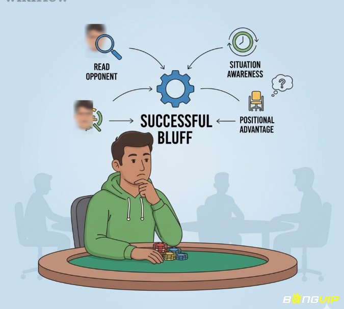 Người chơi poker tập trung phân tích đối thủ, tình huống và vị trí để thực hiện cú bluff thành công