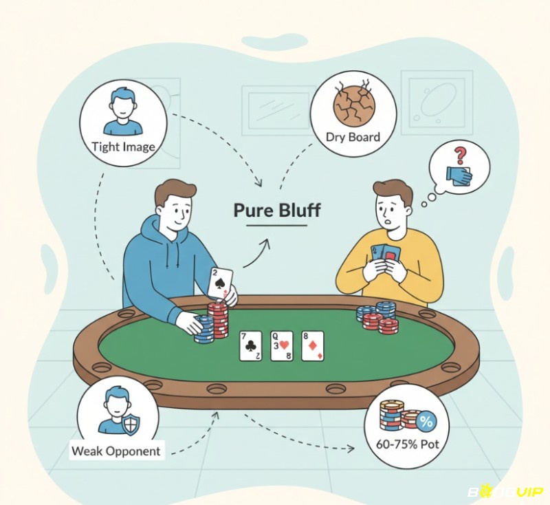 Người chơi xì tố thực hiện cú lừa dối (pure bluff) với đối thủ trên bàn poker khô khan