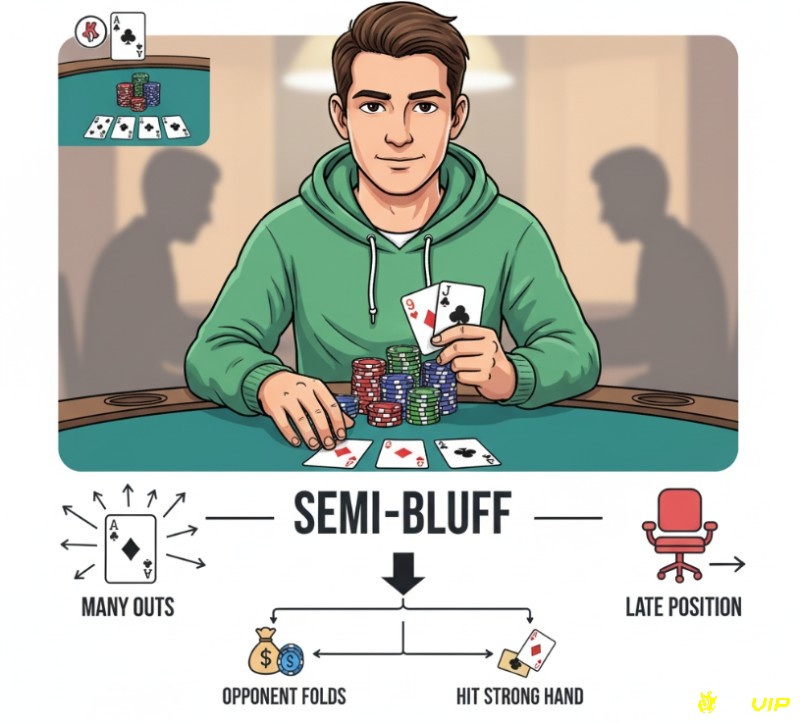 Người chơi poker sử dụng semi-bluff để thắng pot hoặc cải thiện bài, khi có nhiều cửa chờ và vị trí tốt