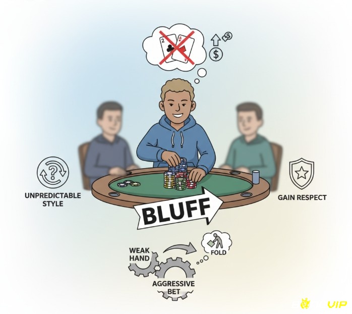 Người chơi poker mạo hiểm đặt cược lớn với bài yếu để đối thủ bỏ bài, xây dựng hình ảnh khó đoán