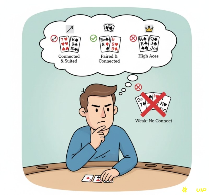 Người chơi Omaha Poker cân nhắc lựa chọn các lá bài tẩy ban đầu để tạo ra bộ bài mạnh