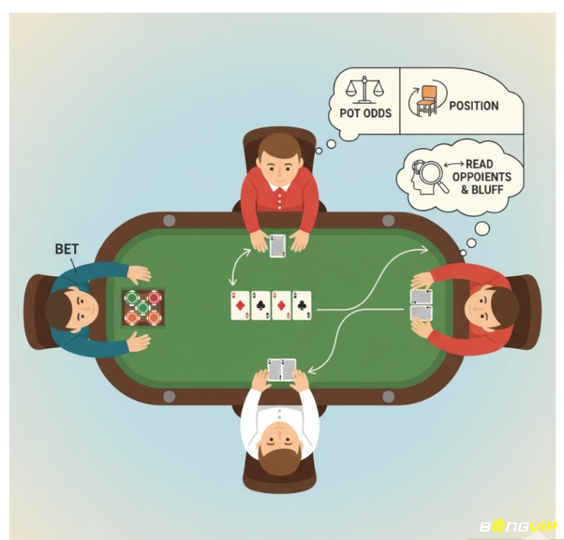 Người chơi Omaha Poker đánh giá pot odds, tận dụng vị trí và đọc vị đối thủ để đưa ra chiến lược sau Flop