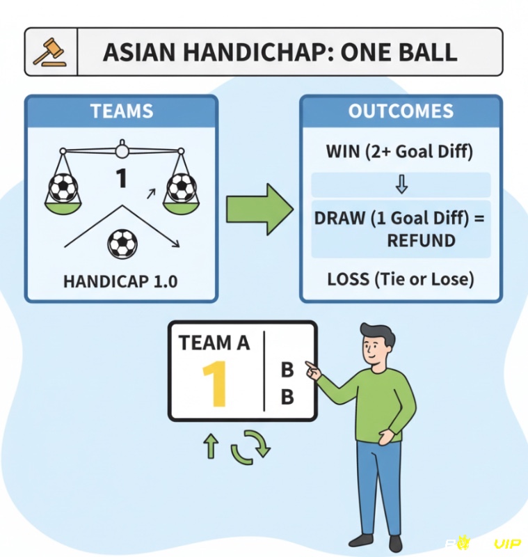 Người chơi cá cược đang phân tích kèo chấp một hòa (1.0) và các trường hợp thắng, hòa, thua