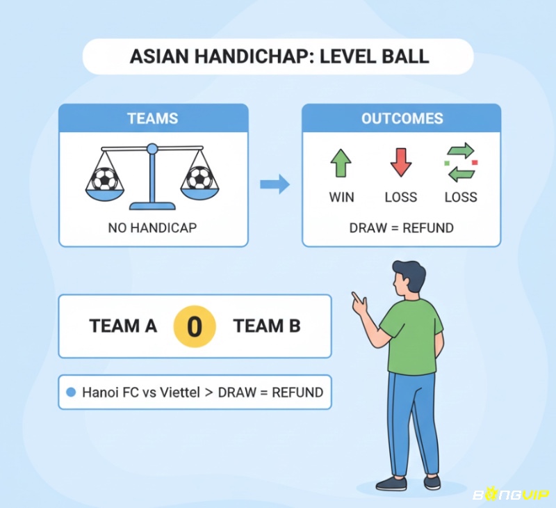 Người chơi cá cược đang xem kèo đồng banh (chấp 0) giữa hai đội có thực lực ngang nhau, kết quả hòa được hoàn tiền