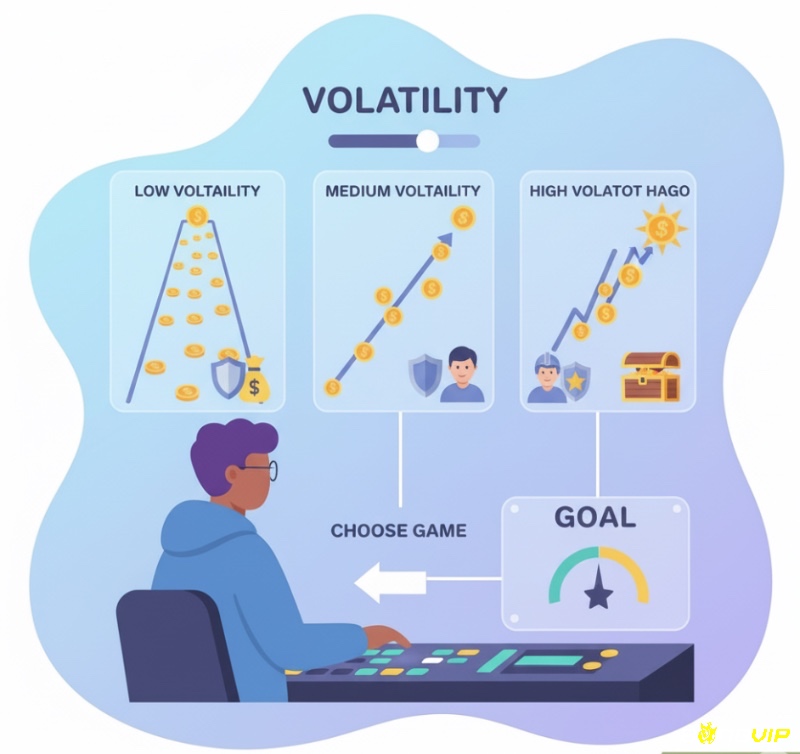 Người chơi so sánh ba loại biến động (Volatility) của game nổ hũ: thấp, trung bình và cao