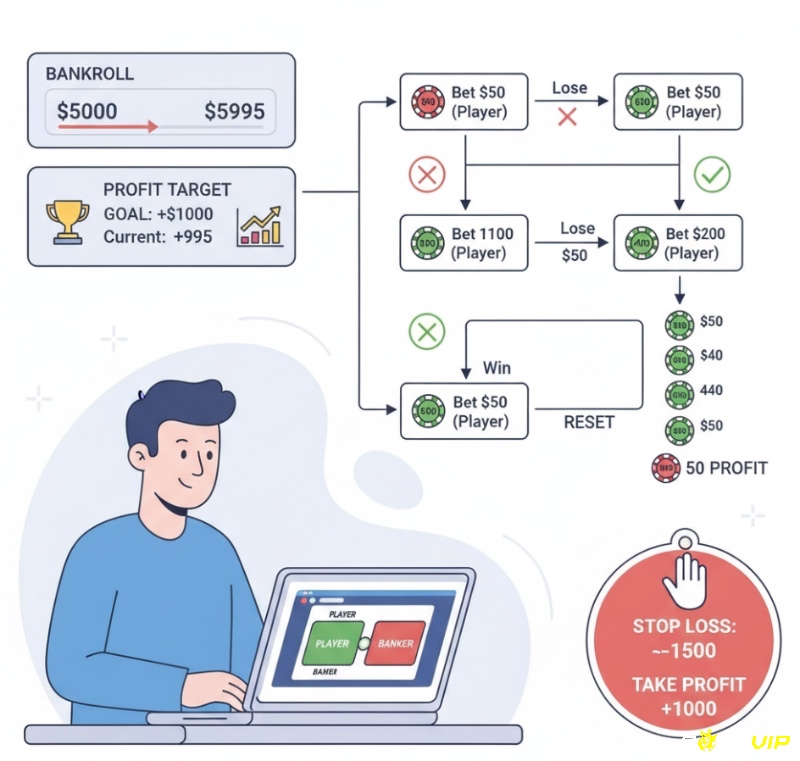 Người chơi Baccarat áp dụng chiến lược Martingale cải tiến, đặt cược theo dòng tiền để đạt mục tiêu lợi nhuận