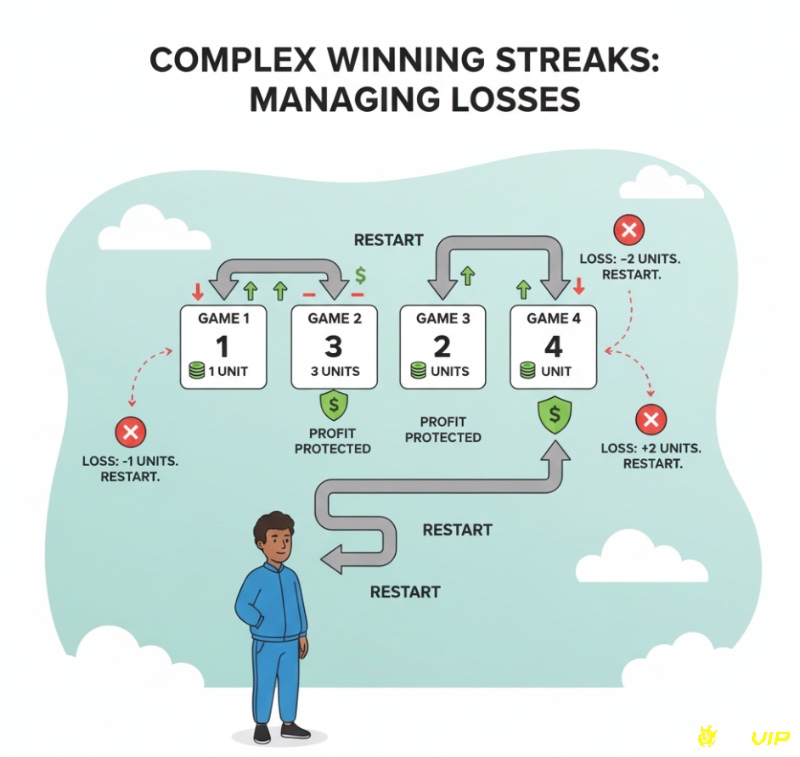 Người chơi quản lý rủi ro và hạn chế thua lỗ khi chuỗi thắng bị đứt gãy với chiến thuật baccarat 1-3-2-4