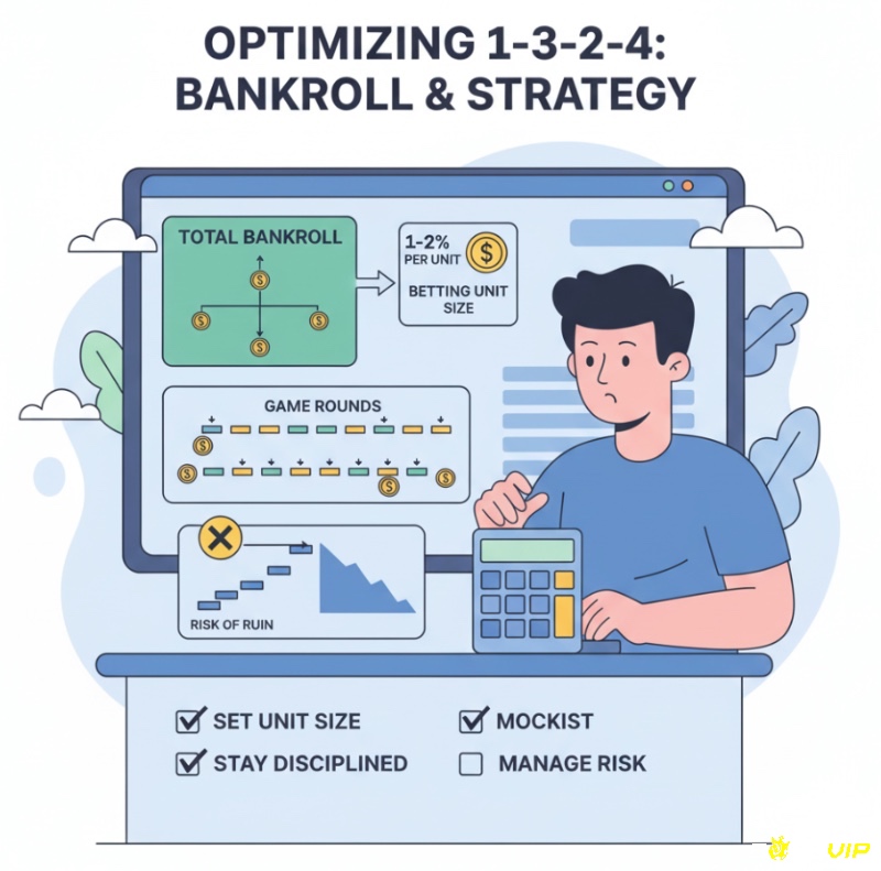 Người chơi xác định đơn vị cược phù hợp (1-2% ngân sách) để tối ưu hiệu quả chiến thuật baccarat 1-3-2-4 và quản lý vốn