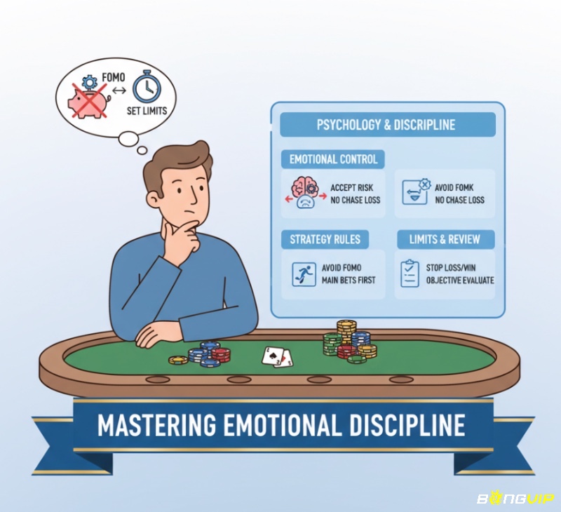 Người chơi Baccarat rèn luyện tâm lý chiến, kiểm soát cảm xúc, tránh FOMO và tuân thủ giới hạn cắt lỗ để thành công