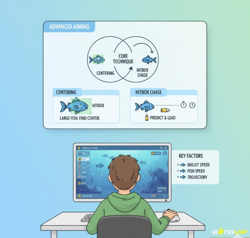 Người chơi game bắn cá xác định và di chuyển tâm ngắm theo hitbox cá để bắn trúng mục tiêu