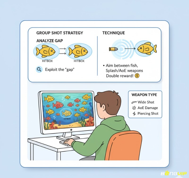 Người chơi bắn cá nhắm vào khoảng trống giữa các hitbox để tối ưu hiệu quả khi bắn theo nhóm