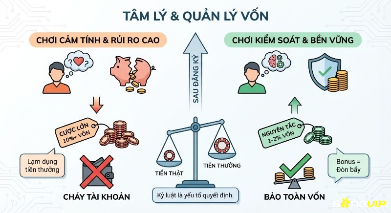 Quản lý vốn và tâm lý sau đăng ký tài khoản casino online: không cược cảm tính (>10% vốn) gây cháy tài khoản, mà kỷ luật (1-2% vốn) giúp bảo toàn