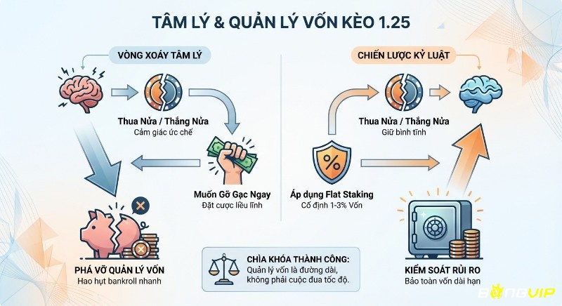 Sơ đồ phân tích tâm lý và chiến lược quản lý vốn kèo 1.25 là gì, so sánh vòng xoáy tâm lý với Flat Staking giúp kiểm soát rủi ro