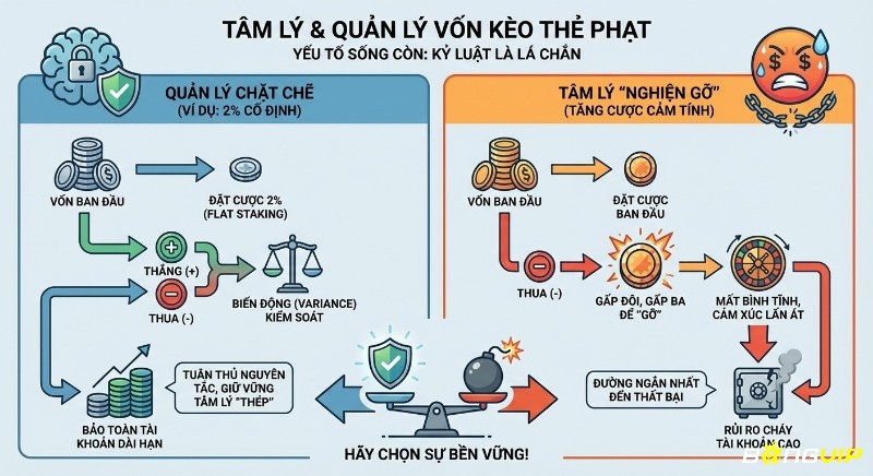Bảng so sánh quản lý vốn chặt chẽ và tâm lý Nghiện gỡ khi chơi kèo thẻ phạt, hướng dẫn duy trì kỷ luật bảo toàn tài khoản