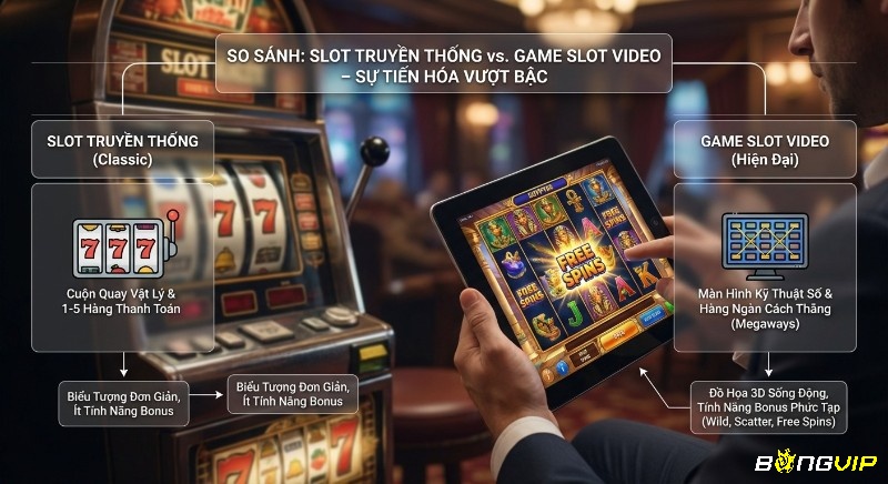 Bảng so sánh game slot video là gì với Slot truyền thống, khác biệt ở cuộn quay, màn hình kỹ thuật số, Megaways và tính năng bonus