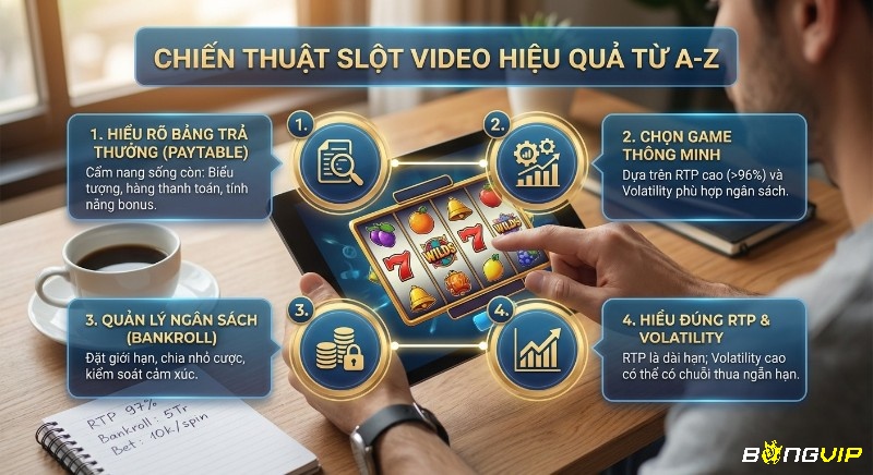 Tổng quan 4 chiến thuật chơi slot video hiệu quả: nắm rõ Paytable, chọn game RTP cao, quản lý Bankroll và Volatility