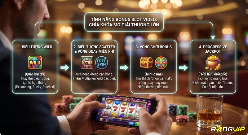Tổng hợp 4 tính năng bonus "hút bạc" trong game slot video là gì: Wild, Scatter, Free Spins, Bonus, Jackpot để mở giải thưởng lớn
