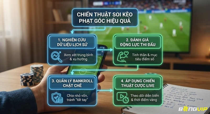 Sơ đồ chiến thuật 4 bước soi kèo phạt góc đội nhà/đội khách hiệu quả: nghiên cứu dữ liệu, đánh giá động lực, quản lý bankroll và áp dụng cược live