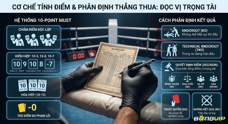 Sơ đồ quy trình tính điểm và phân định thắng thua giúp đọc vị trọng tài, từ 10-Point Must đến KO, TKO và quyết định điểm