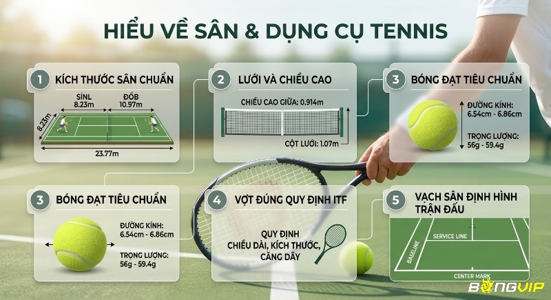 Tổng quan tiêu chuẩn sân và dụng cụ tennis, chi tiết kích thước sân, lưới, bóng và quy định vợt ITF với 5 phần rõ ràng