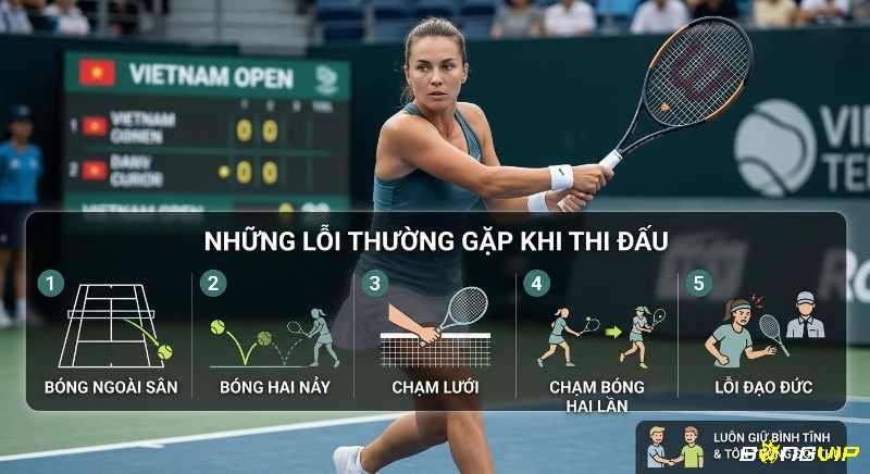 Checklist 5 lỗi thường gặp khi chơi tennis bao gồm: bóng ngoài sân, chạm lưới, giúp thi đấu chuyên nghiệp, fair-play