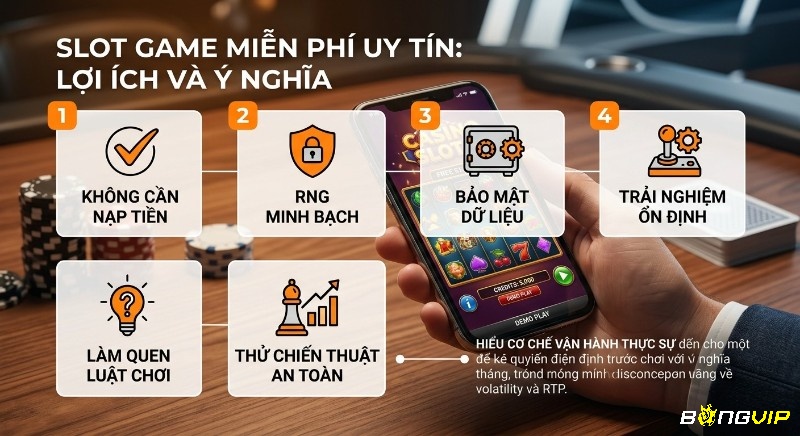 Tổng quan 6 lợi ích, khi chơi slot game miễn phí uy tín, giúp bạn hiểu cơ chế, học luật, thử chiến thuật an toàn không cần nạp tiền