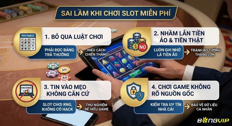 Checklist 4 sai lầm cần tránh khi chơi slot game miễn phí uy tín: bỏ qua luật, nhầm tiền ảo, tin mẹo và chọn game không rõ nguồn gốc