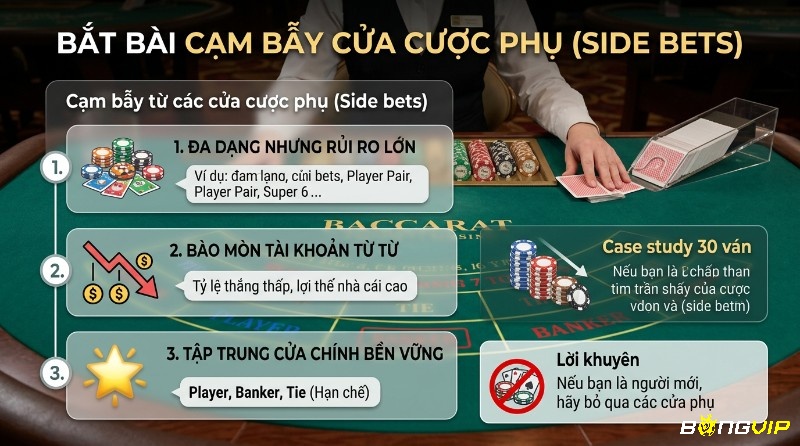 Bắt bài cạm bẫy cửa cược phụ cách chọn bàn Baccarat phù hợp: dealer chia bài, chip cược minh họa rủi ro lớn, bào mòn tài khoản, tập trung cửa chính Player Banker Tie