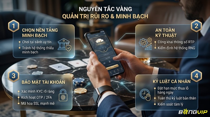 Quản trị rủi ro tín nhiệm và minh bạch hệ thống với 4 nguyên tắc vàng: chọn nền tảng uy tín, an toàn kỹ thuật (RTP, RNG), bảo mật tài khoản (KYC, 2FA, SSL), và kỷ luật cá nhân (hạn mức thua lỗ), trên ứng dụng casino di động.