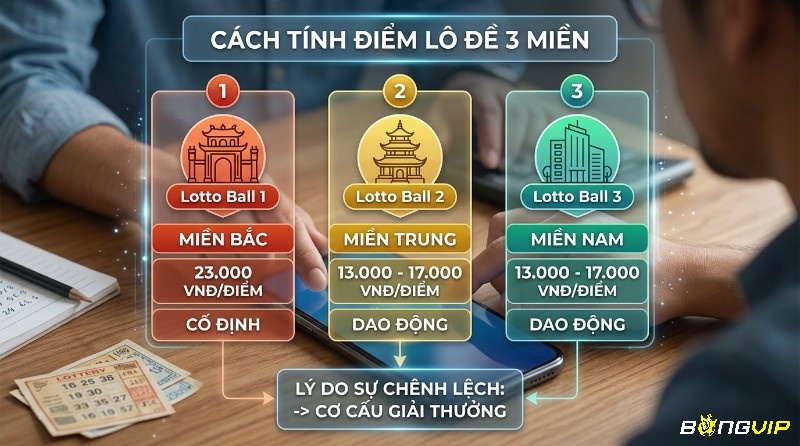 Cách tính điểm lô đề 3 miền: Miền Bắc 23.000 VNĐ/điểm cố định, Miền Trung và Nam 13.000-17.000 VNĐ/điểm dao động theo cơ cấu giải thưởng