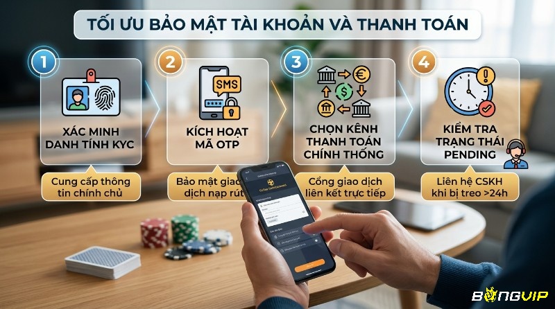 Tối ưu bảo mật tài khoản và thanh toán với 4 bước của cách tính điểm lô đề: xác minh KYC, kích hoạt OTP, chọn kênh chính thống, kiểm tra trạng thái pending và liên hệ CSKH khi cần