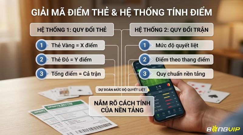 Giải mã điểm thẻ (booking points) là gì, hai hệ thống tính điểm bóng đá: quy đổi thẻ (vàng, đỏ) và quy đổi trận, giúp dự đoán quyết liệt, nắm rõ quy chuẩn nền tảng