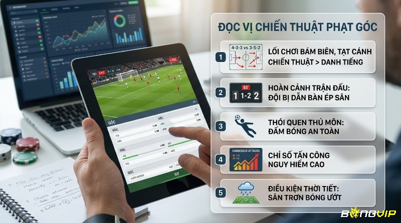 Đọc vị chiến thuật kèo phạt góc là gì qua phân tích lối chơi bám biên, tạt cánh, hoàn cảnh trận đấu, thói quen thủ môn, chỉ số tấn công nguy hiểm và điều kiện thời tiết