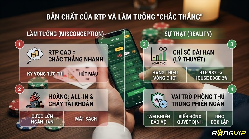Bản chất slot game rtp cao nhất và lầm tưởng "chắc thắng": RTP cao chỉ số lý thuyết dài hạn (98% RTP, 2% House Edge), không thắng nhanh phiên ngắn, biến động, RNG