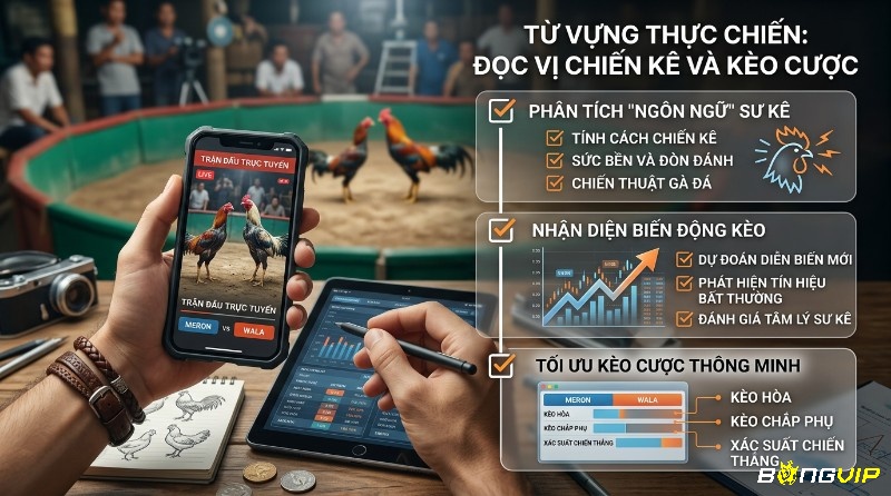 Đọc vị chiến kê và kèo cược bằng từ vựng sư kê, phân tích tính cách, chiến thuật gà đá, nhận diện biến động kèo qua điện thoại và biểu đồ trong thuật ngữ cá cược đá gà