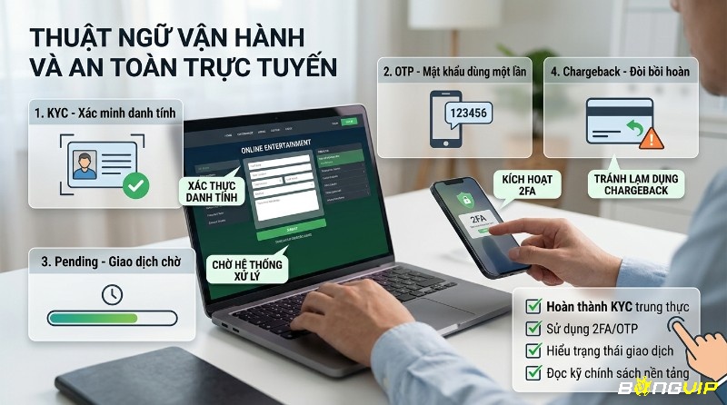 Các thuật ngữ vận hành và bảo mật gồm KYC xác minh danh tính, OTP mã dùng một lần, Pending giao dịch chờ xử lý, Chargeback hoàn tiền và 2FA tăng cường bảo vệ tài khoản